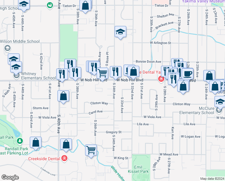 map of restaurants, bars, coffee shops, grocery stores, and more near 3405 West Prasch Avenue in Yakima