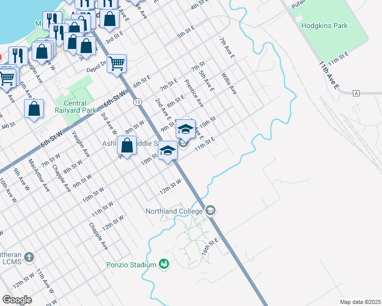 map of restaurants, bars, coffee shops, grocery stores, and more near 203 11th Street East in Ashland