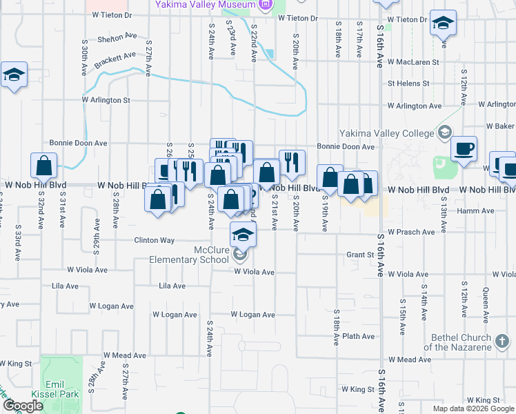 map of restaurants, bars, coffee shops, grocery stores, and more near 2204 West Nob Hill Boulevard in Yakima