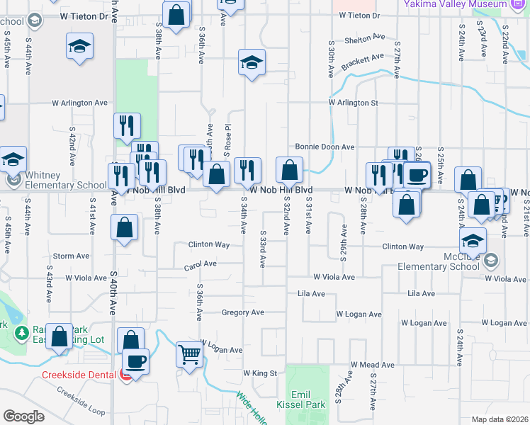 map of restaurants, bars, coffee shops, grocery stores, and more near 1113 South 34th Avenue in Yakima