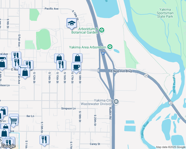 map of restaurants, bars, coffee shops, grocery stores, and more near 1906 Boggess Lane in Yakima