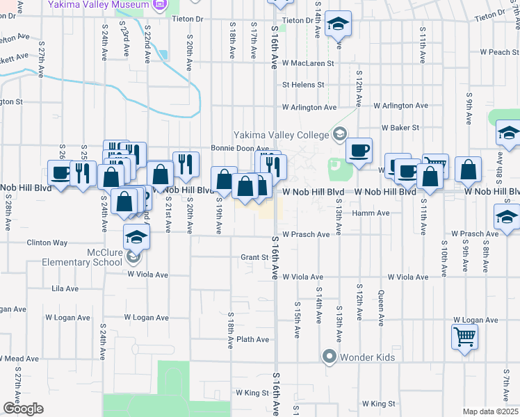 map of restaurants, bars, coffee shops, grocery stores, and more near 1608 West Nob Hill Boulevard in Yakima