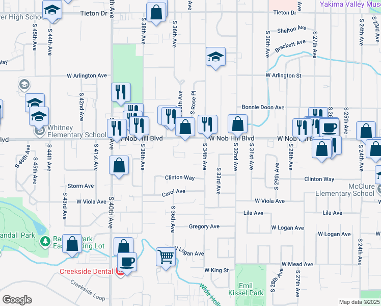 map of restaurants, bars, coffee shops, grocery stores, and more near 3405 West Prasch Avenue in Yakima
