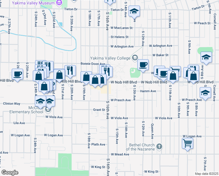 map of restaurants, bars, coffee shops, grocery stores, and more near 1107 South 16th Avenue in Yakima