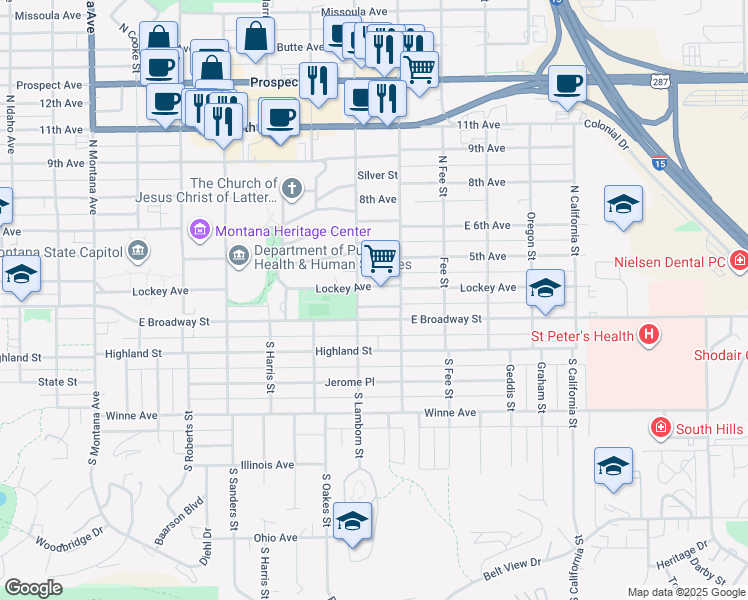 map of restaurants, bars, coffee shops, grocery stores, and more near 1819 East Broadway Street in Helena