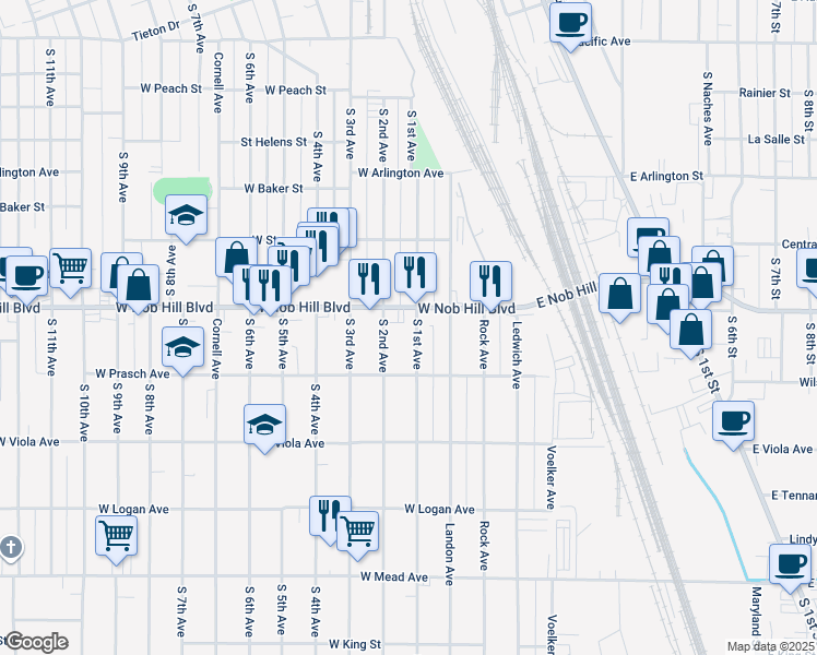 map of restaurants, bars, coffee shops, grocery stores, and more near 1114 South 1st Avenue in Yakima