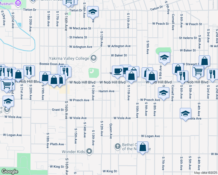 map of restaurants, bars, coffee shops, grocery stores, and more near 1113 Queen Avenue in Yakima