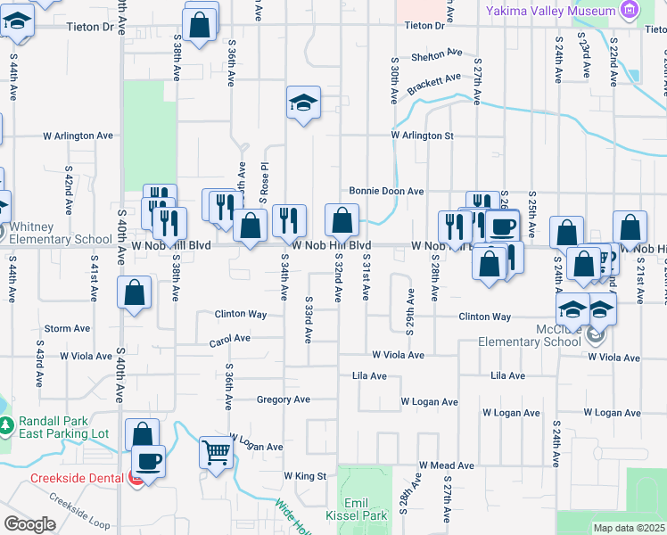 map of restaurants, bars, coffee shops, grocery stores, and more near 3201 Vincenta Drive in Yakima