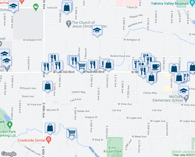 map of restaurants, bars, coffee shops, grocery stores, and more near 3219 Vincenta Drive in Yakima