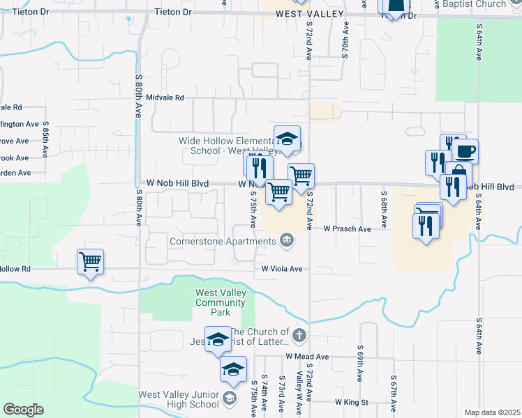 map of restaurants, bars, coffee shops, grocery stores, and more near 1221 South 75th Avenue in Yakima