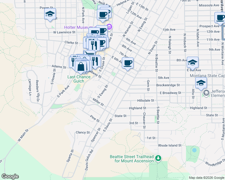 map of restaurants, bars, coffee shops, grocery stores, and more near 305 East Broadway Street in Helena