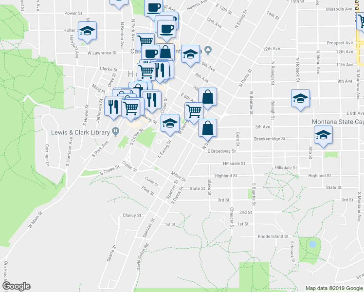 map of restaurants, bars, coffee shops, grocery stores, and more near 305 East Broadway Street in Helena