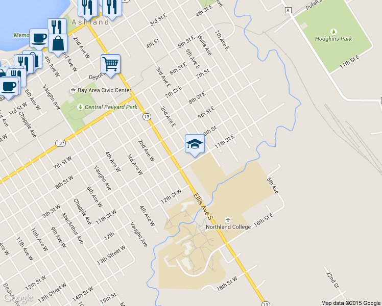 map of restaurants, bars, coffee shops, grocery stores, and more near 203 11th Street East in Ashland