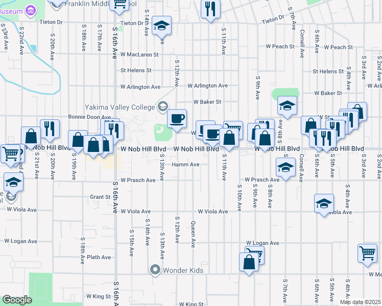 map of restaurants, bars, coffee shops, grocery stores, and more near 1017 Queen Avenue in Yakima