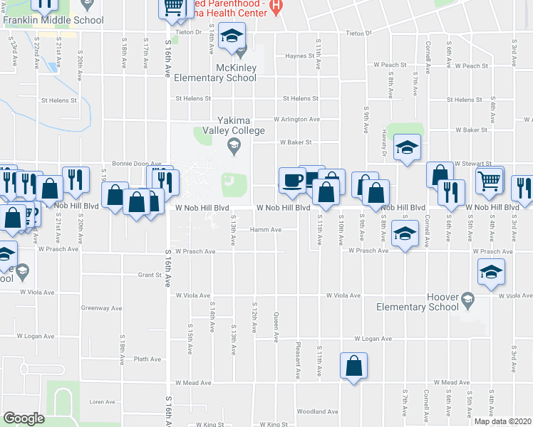 map of restaurants, bars, coffee shops, grocery stores, and more near in Yakima