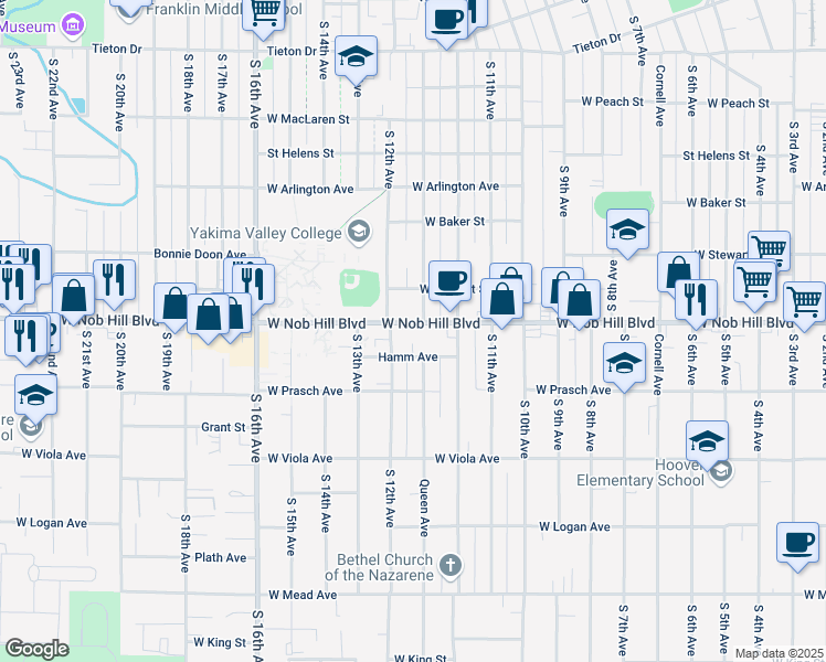 map of restaurants, bars, coffee shops, grocery stores, and more near 1128 West Nob Hill Boulevard in Yakima