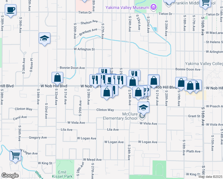 map of restaurants, bars, coffee shops, grocery stores, and more near 2550 West Nob Hill Boulevard in Yakima