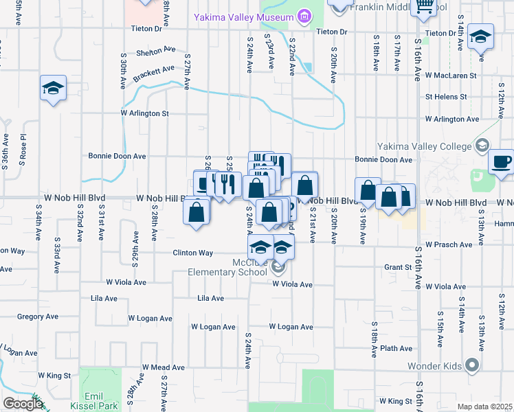 map of restaurants, bars, coffee shops, grocery stores, and more near 2301 West Nob Hill Boulevard in Yakima