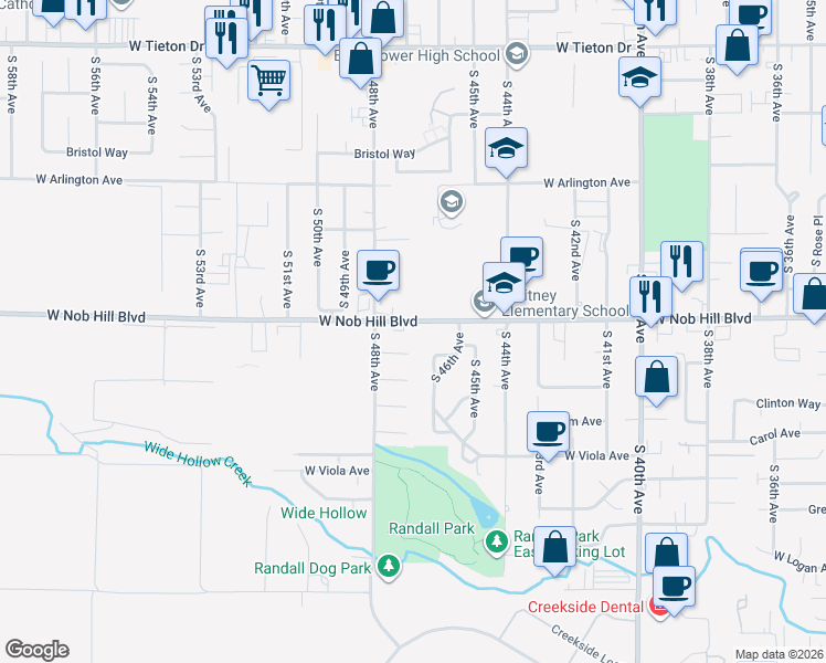 map of restaurants, bars, coffee shops, grocery stores, and more near 4741-4799 West Nob Hill Boulevard in Yakima
