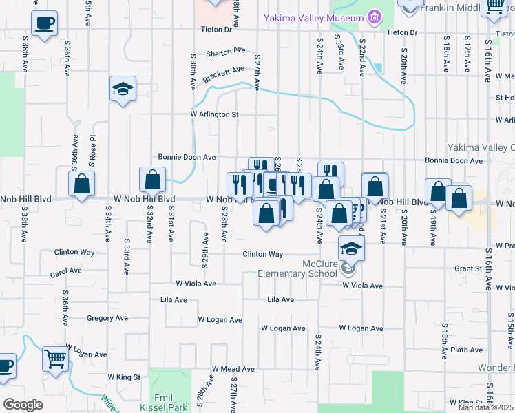 map of restaurants, bars, coffee shops, grocery stores, and more near 2702 West Nob Hill Boulevard in Yakima