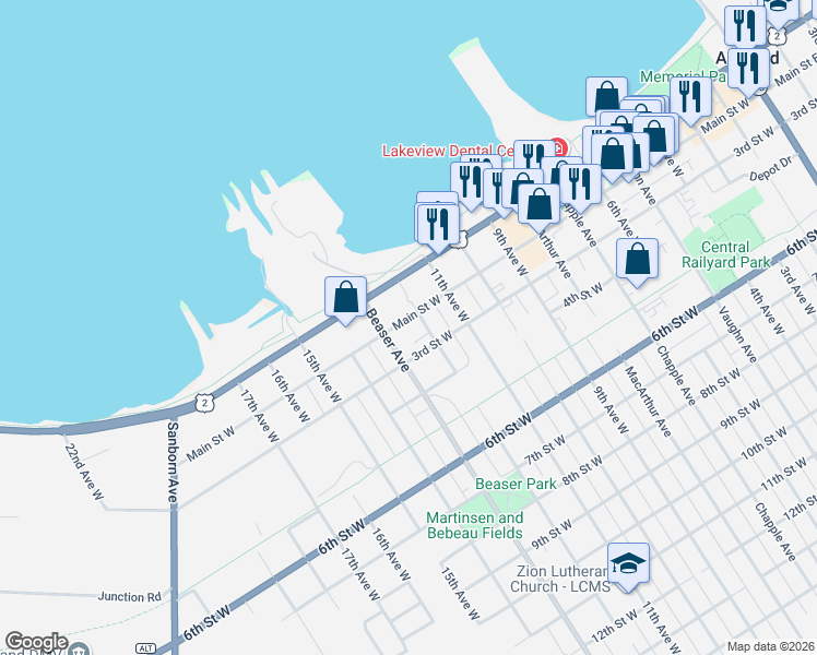 map of restaurants, bars, coffee shops, grocery stores, and more near 1205 Main Street West in Ashland