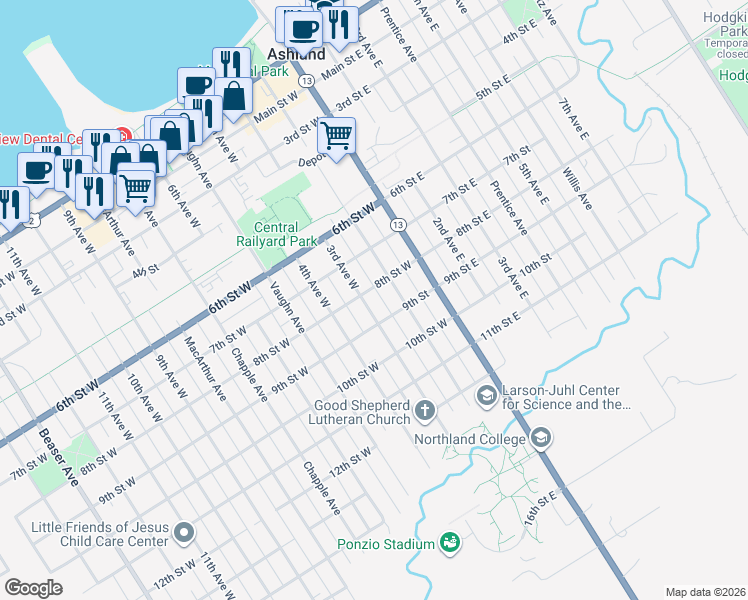 map of restaurants, bars, coffee shops, grocery stores, and more near 210 8th Street West in Ashland