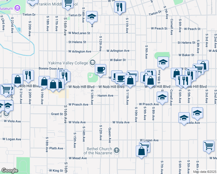 map of restaurants, bars, coffee shops, grocery stores, and more near 1017 Queen Avenue in Yakima