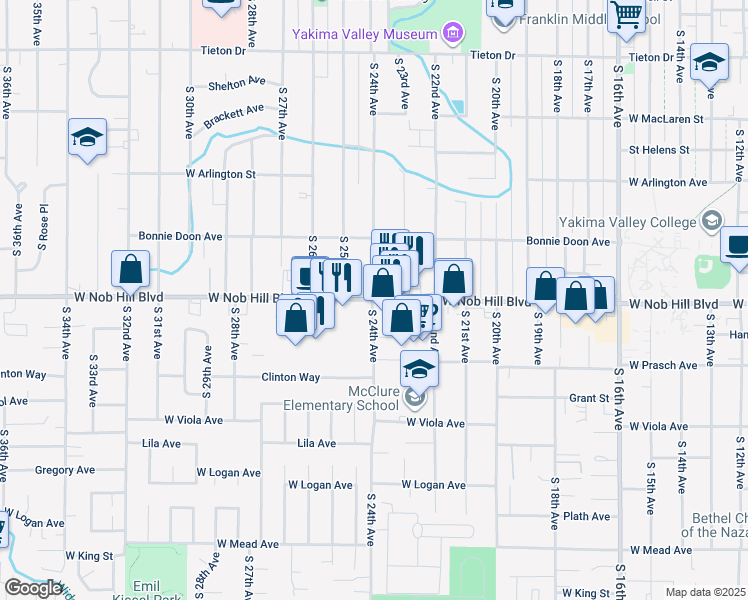 map of restaurants, bars, coffee shops, grocery stores, and more near W Nob Hill Blvd & S 24th Ave in Yakima