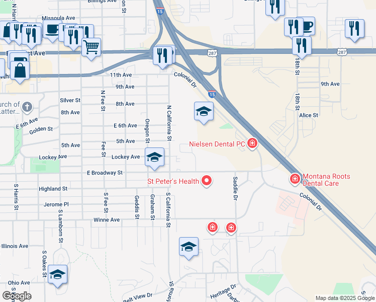 map of restaurants, bars, coffee shops, grocery stores, and more near 2480 Broadway Street in Helena