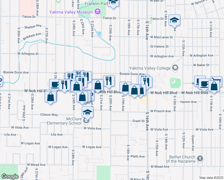 map of restaurants, bars, coffee shops, grocery stores, and more near 1913 West Nob Hill Boulevard in Yakima