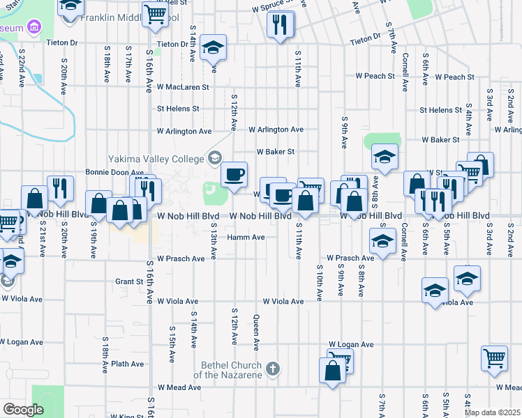 map of restaurants, bars, coffee shops, grocery stores, and more near 1017 Queen Avenue in Yakima