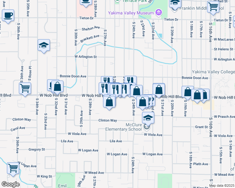 map of restaurants, bars, coffee shops, grocery stores, and more near 1019 South 26th Avenue in Yakima