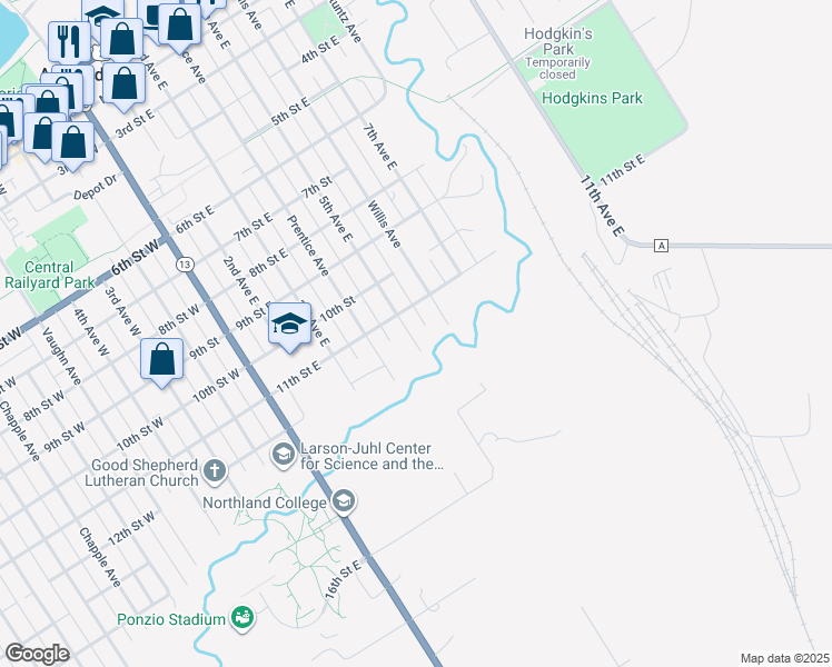 map of restaurants, bars, coffee shops, grocery stores, and more near 1114 5th Avenue East in Ashland
