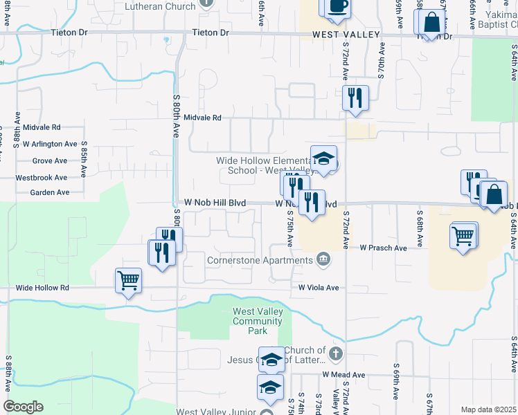 map of restaurants, bars, coffee shops, grocery stores, and more near 7500-7598 West Nob Hill Boulevard in Yakima