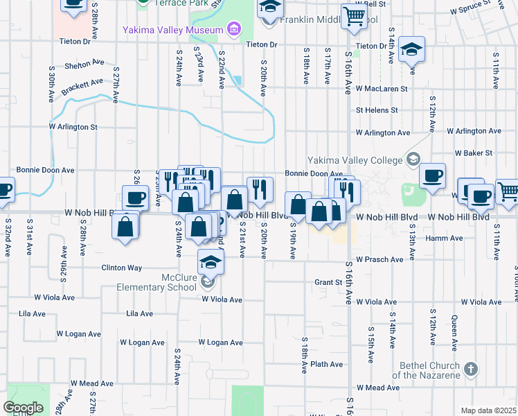 map of restaurants, bars, coffee shops, grocery stores, and more near 1913 West Nob Hill Boulevard in Yakima