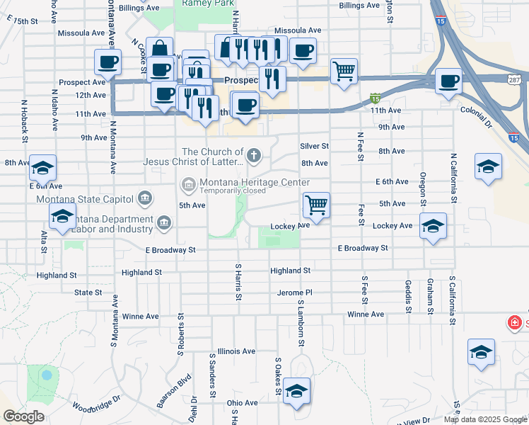 map of restaurants, bars, coffee shops, grocery stores, and more near 1721 5th Avenue in Helena