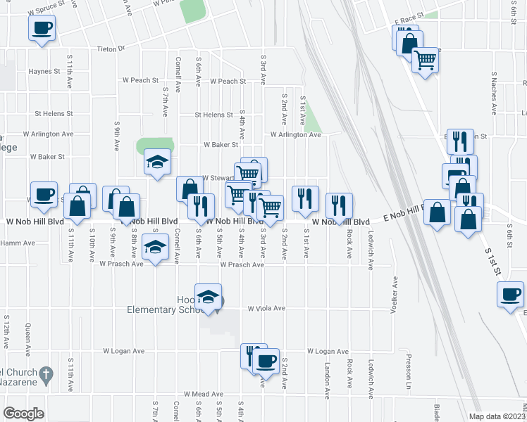 map of restaurants, bars, coffee shops, grocery stores, and more near South 3rd Avenue in Yakima