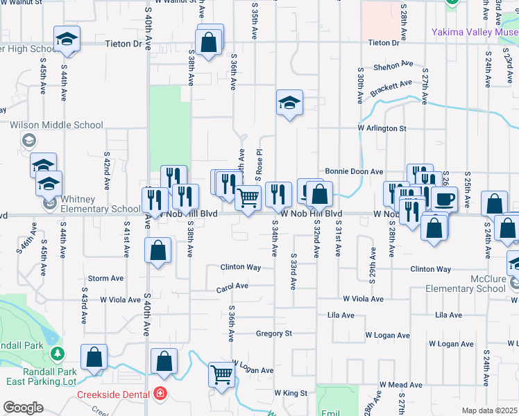 map of restaurants, bars, coffee shops, grocery stores, and more near 3409 West Nob Hill Boulevard in Yakima