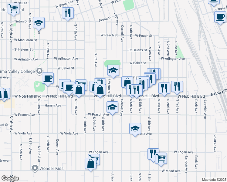 map of restaurants, bars, coffee shops, grocery stores, and more near 711 West Nob Hill Boulevard in Yakima