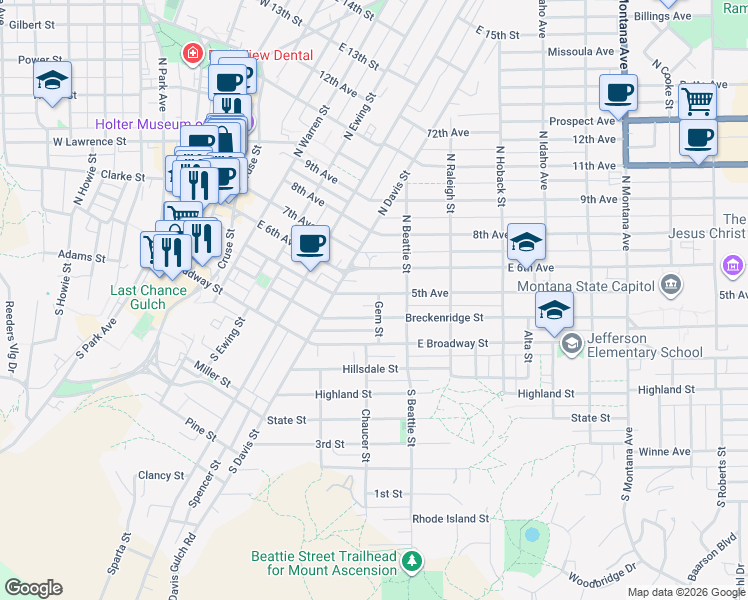 map of restaurants, bars, coffee shops, grocery stores, and more near 608 Breckenridge Street in Helena