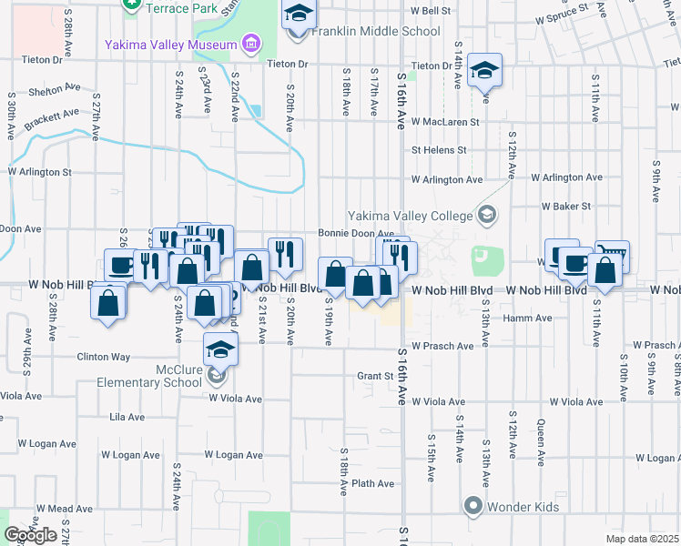 map of restaurants, bars, coffee shops, grocery stores, and more near 1815 West Nob Hill Boulevard in Yakima