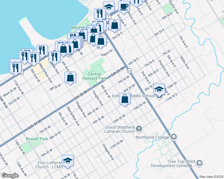 map of restaurants, bars, coffee shops, grocery stores, and more near 310 7th Street West in Ashland