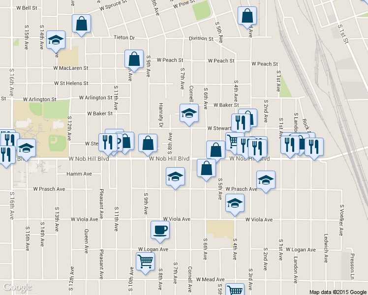 map of restaurants, bars, coffee shops, grocery stores, and more near 711 West Nob Hill Boulevard in Yakima