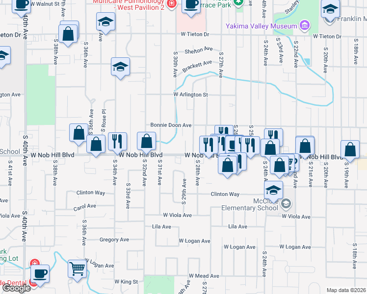 map of restaurants, bars, coffee shops, grocery stores, and more near 2901 West Nob Hill Boulevard in Yakima