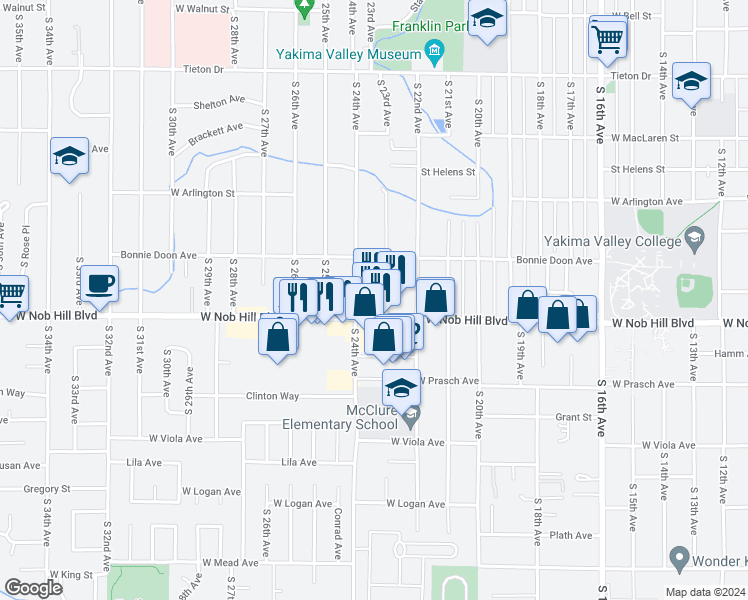 map of restaurants, bars, coffee shops, grocery stores, and more near 2301 West Nob Hill Boulevard in Yakima