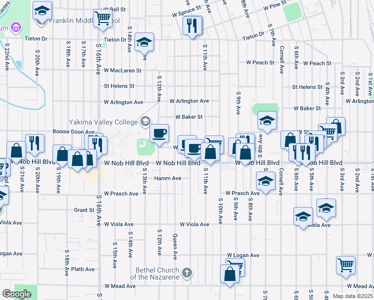 map of restaurants, bars, coffee shops, grocery stores, and more near 1012 South Pleasant Avenue in Yakima