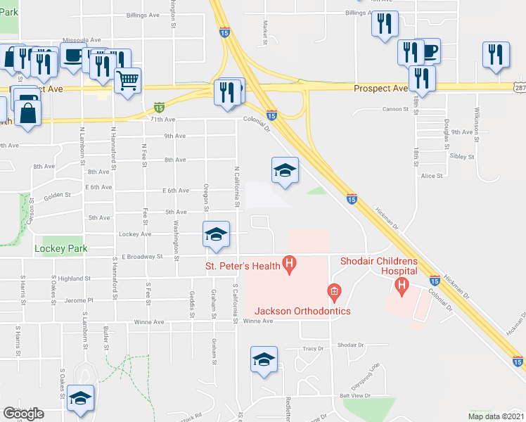 map of restaurants, bars, coffee shops, grocery stores, and more near 2480 East Broadway Street in Helena