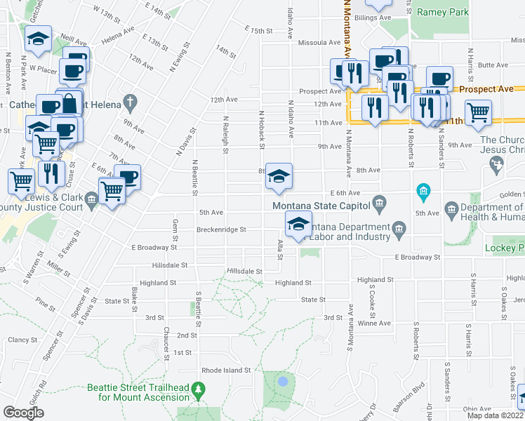 map of restaurants, bars, coffee shops, grocery stores, and more near 206 North Hoback Street in Helena