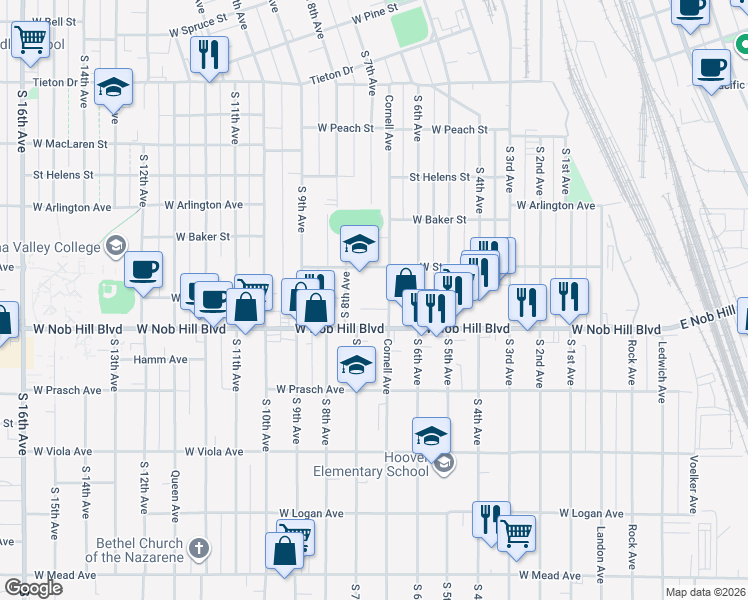 map of restaurants, bars, coffee shops, grocery stores, and more near 711 West Nob Hill Boulevard in Yakima