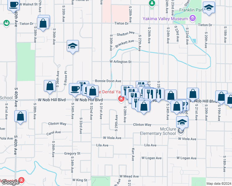 map of restaurants, bars, coffee shops, grocery stores, and more near 2901 West Nob Hill Boulevard in Yakima